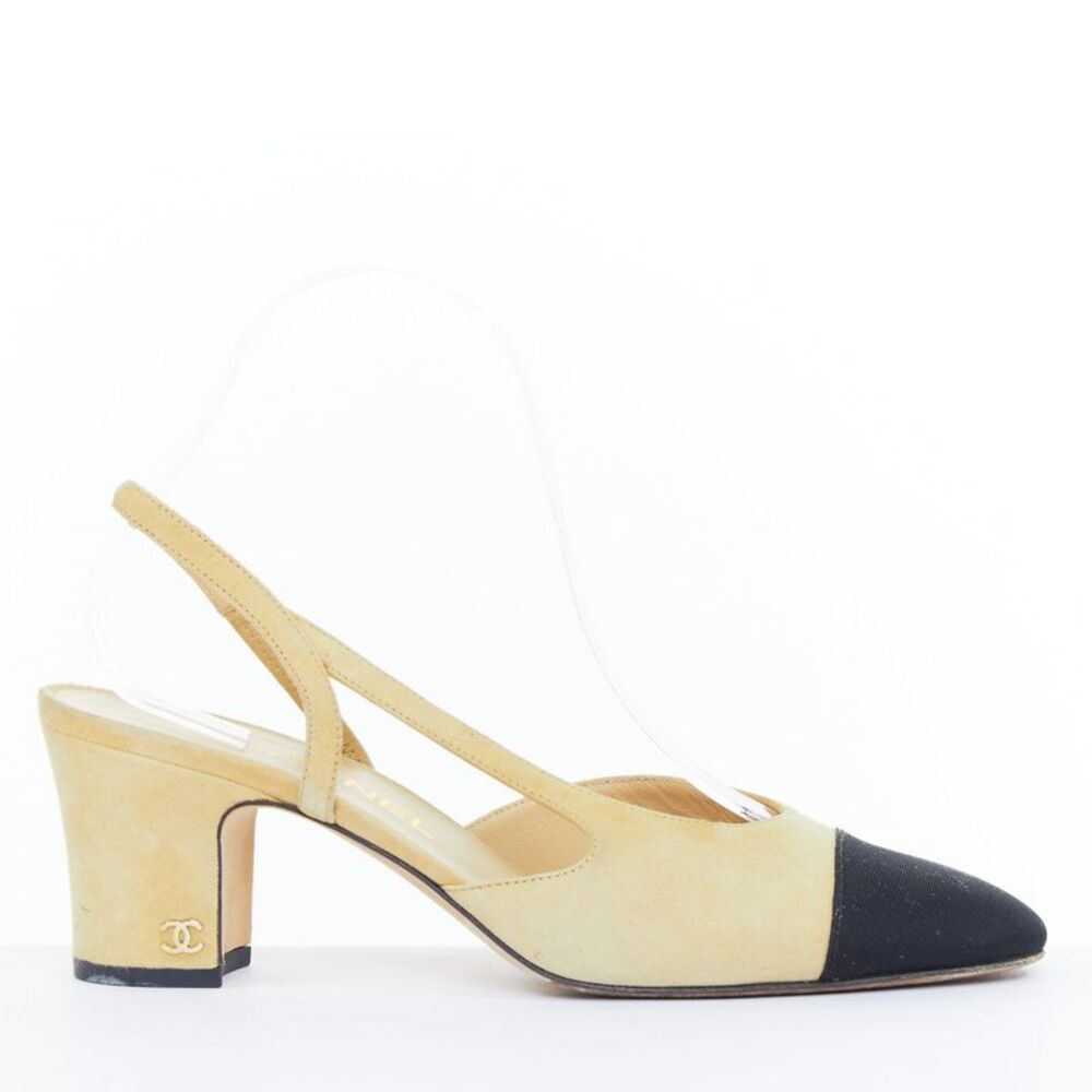 Chanel Beige Suede Grosgrain Cap Toe Slingback Pumps